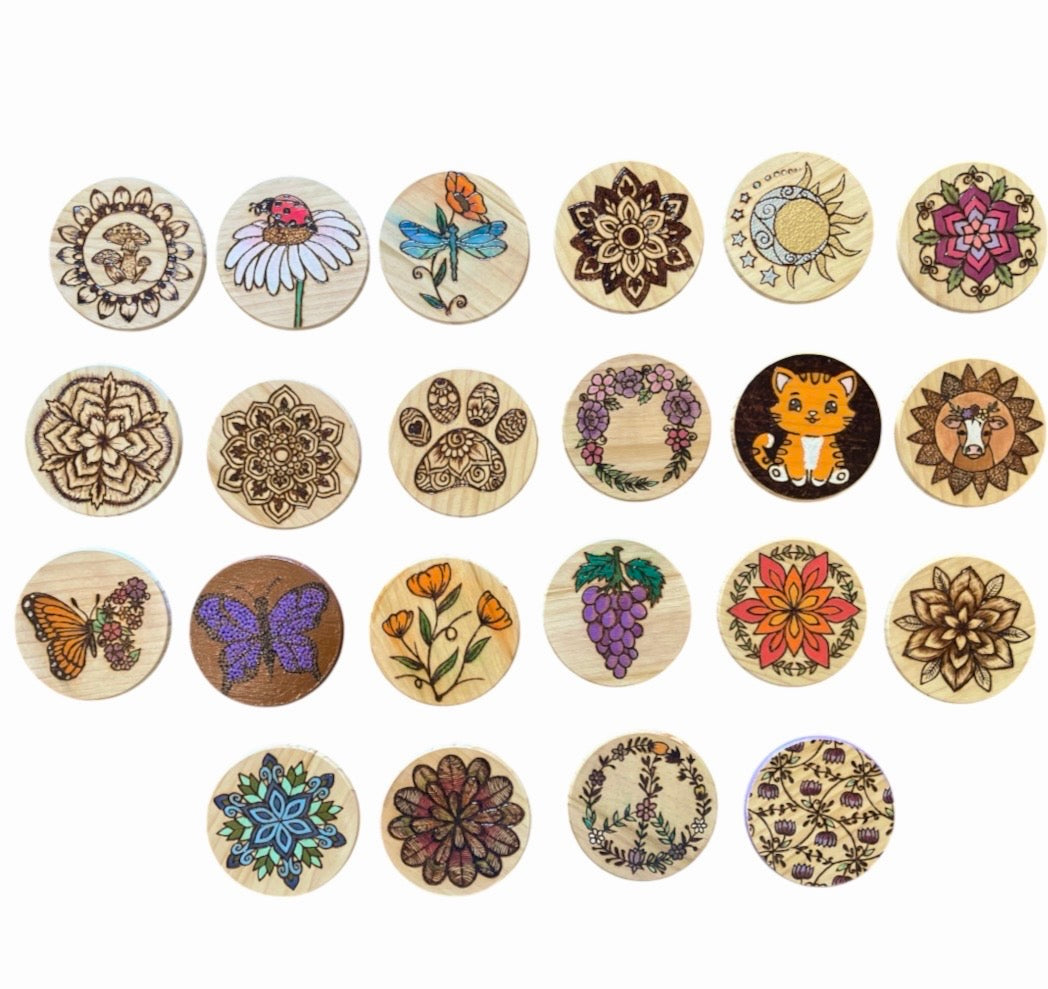 Wood Coasters| Wood Burned and Painted Designs| Handmade