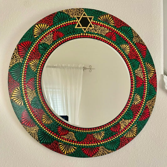 Decorative Wall Mirror Dot Art Hand Made Ethiopian Flag with Star of David- Custom
