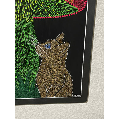 Mushroom Gold Silver Cats Dot Art Handmade Glow Under Blue Lights UV Lights