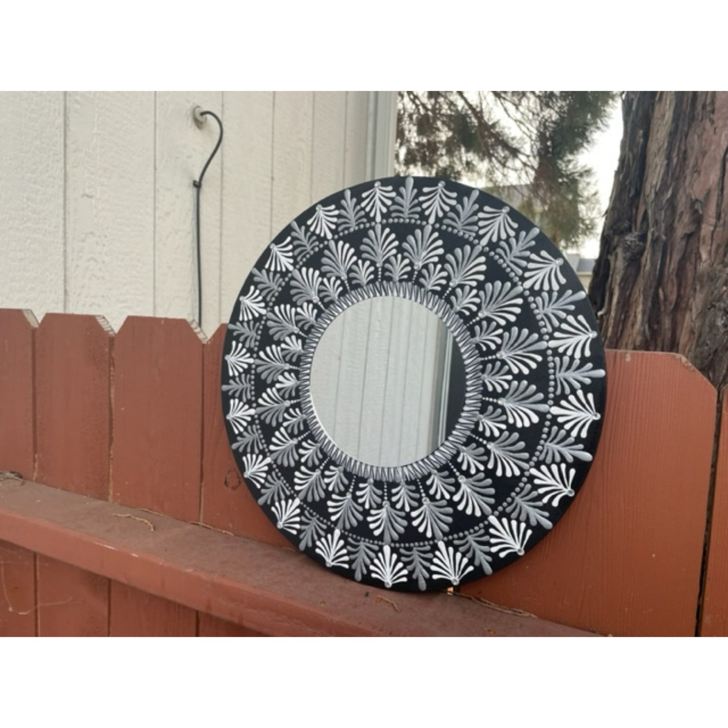 Wall Mirror Dot Art Silver White Mandala Handmade Acrylic Painting Home Decor