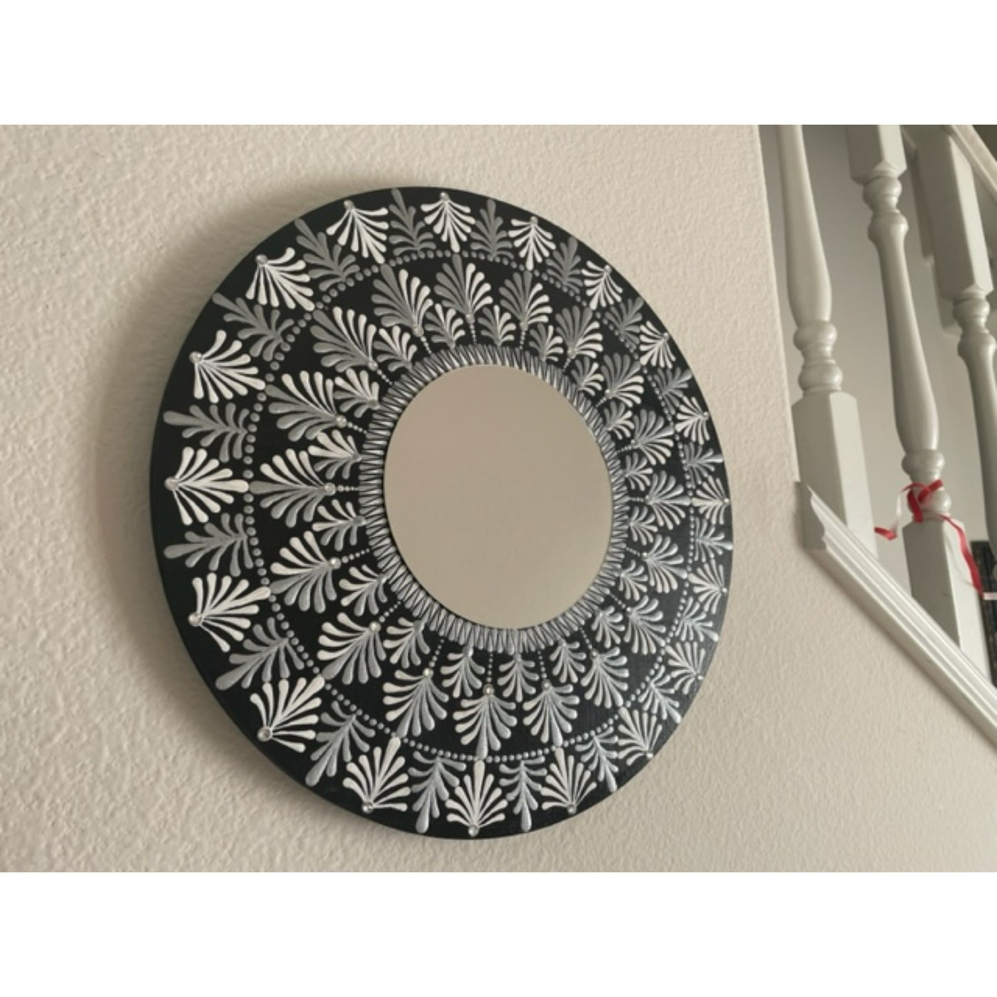 Espejo de pared Dot Art Mandala blanco plateado pintura acrílica hecha a mano decoración del hogar