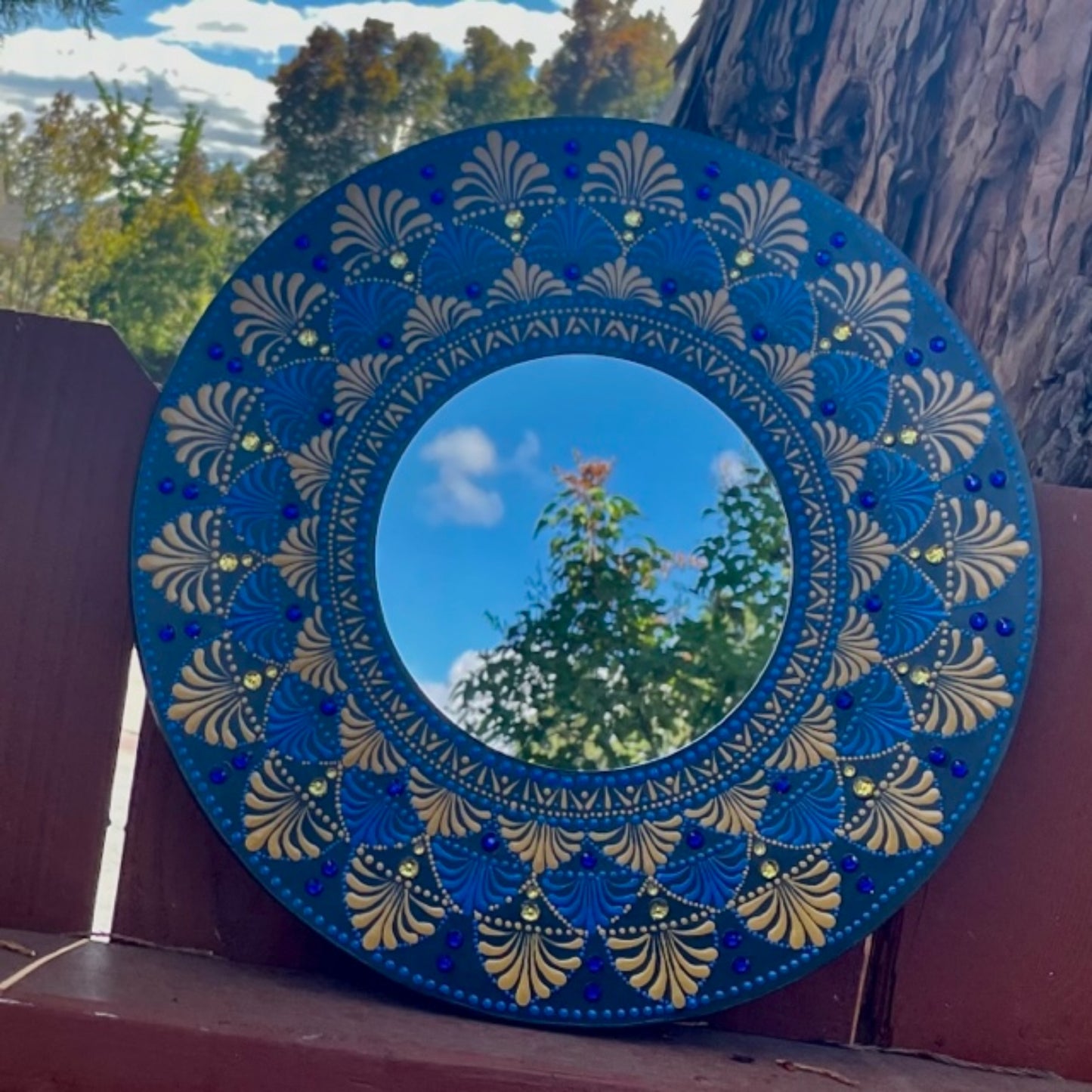 Espejos de pared Dot Art Blue Gold Mandala pintura acrílica hecha a mano decoración del hogar