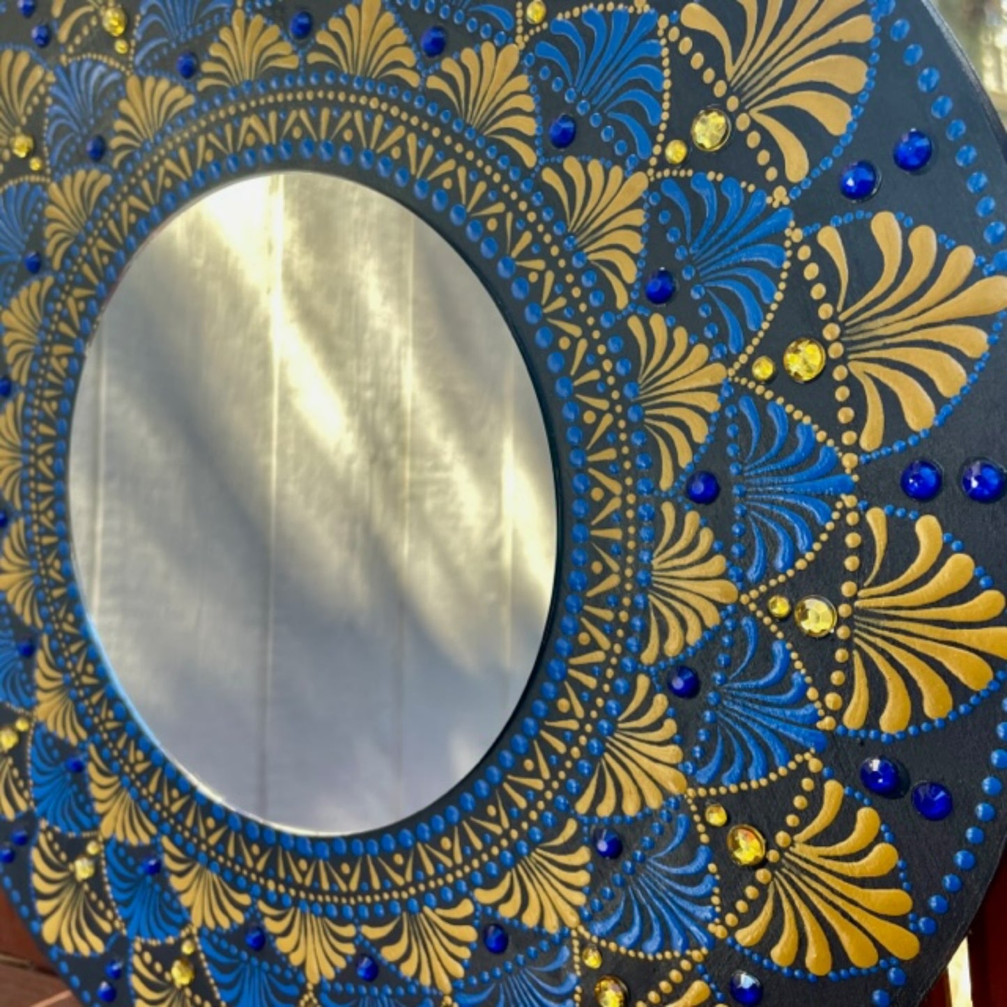 Espejos de pared Dot Art Blue Gold Mandala pintura acrílica hecha a mano decoración del hogar