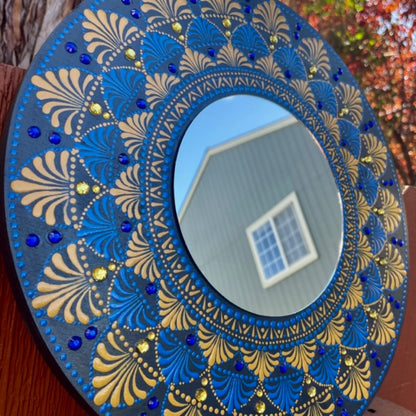 Wall Mirrors Dot Art Blue Gold Mandala Handmade Acrylic Painting Home Decor