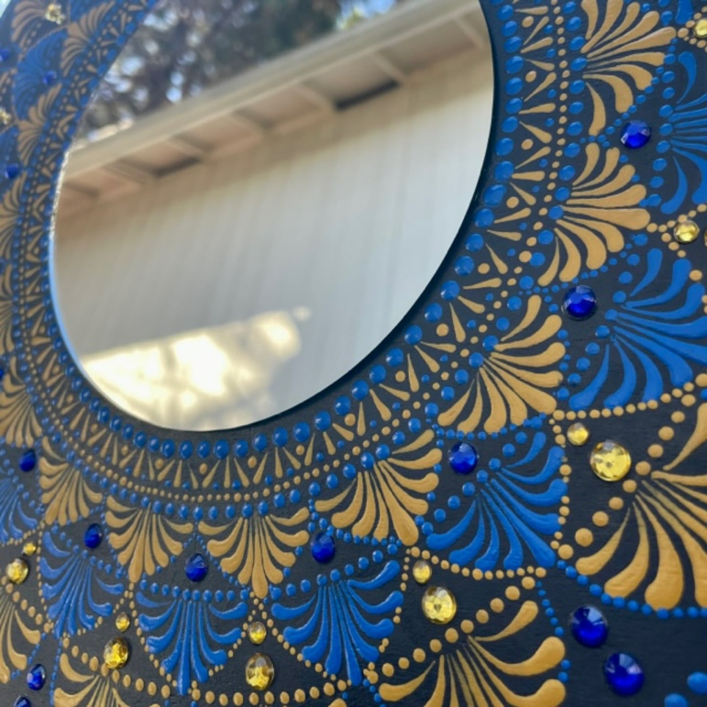 Espejos de pared Dot Art Blue Gold Mandala pintura acrílica hecha a mano decoración del hogar