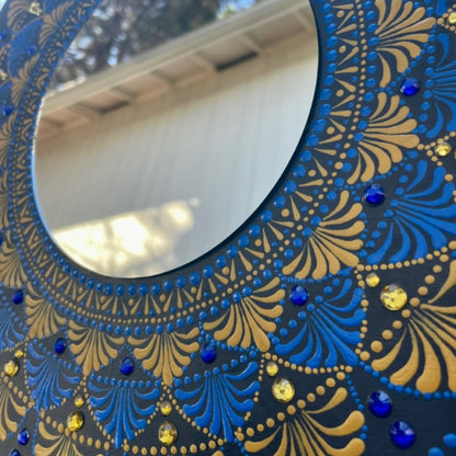 Espejos de pared Dot Art Blue Gold Mandala pintura acrílica hecha a mano decoración del hogar
