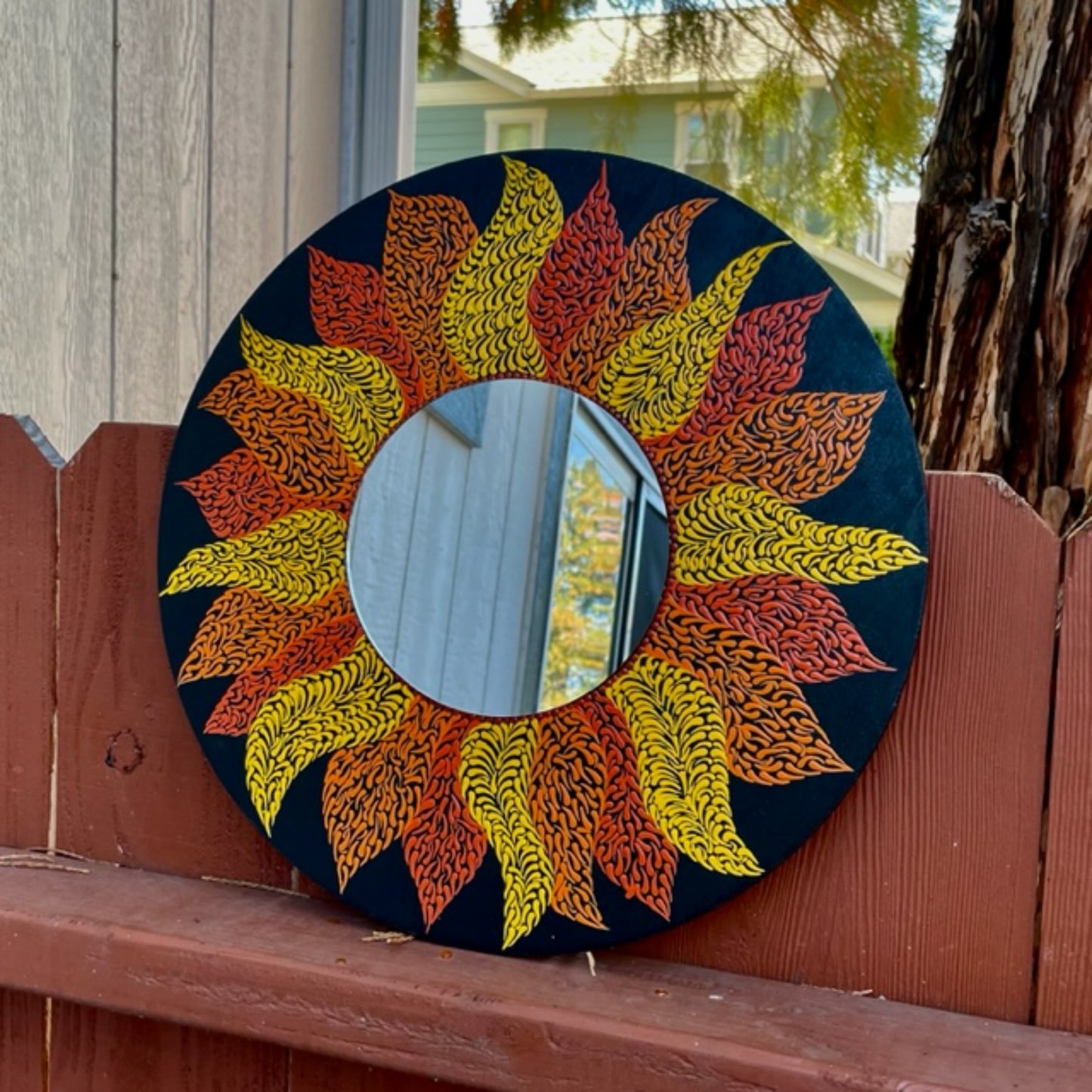 Sunflower Wall Mirror Dot Art Swishes Mandala Handmade Acrylic Painting