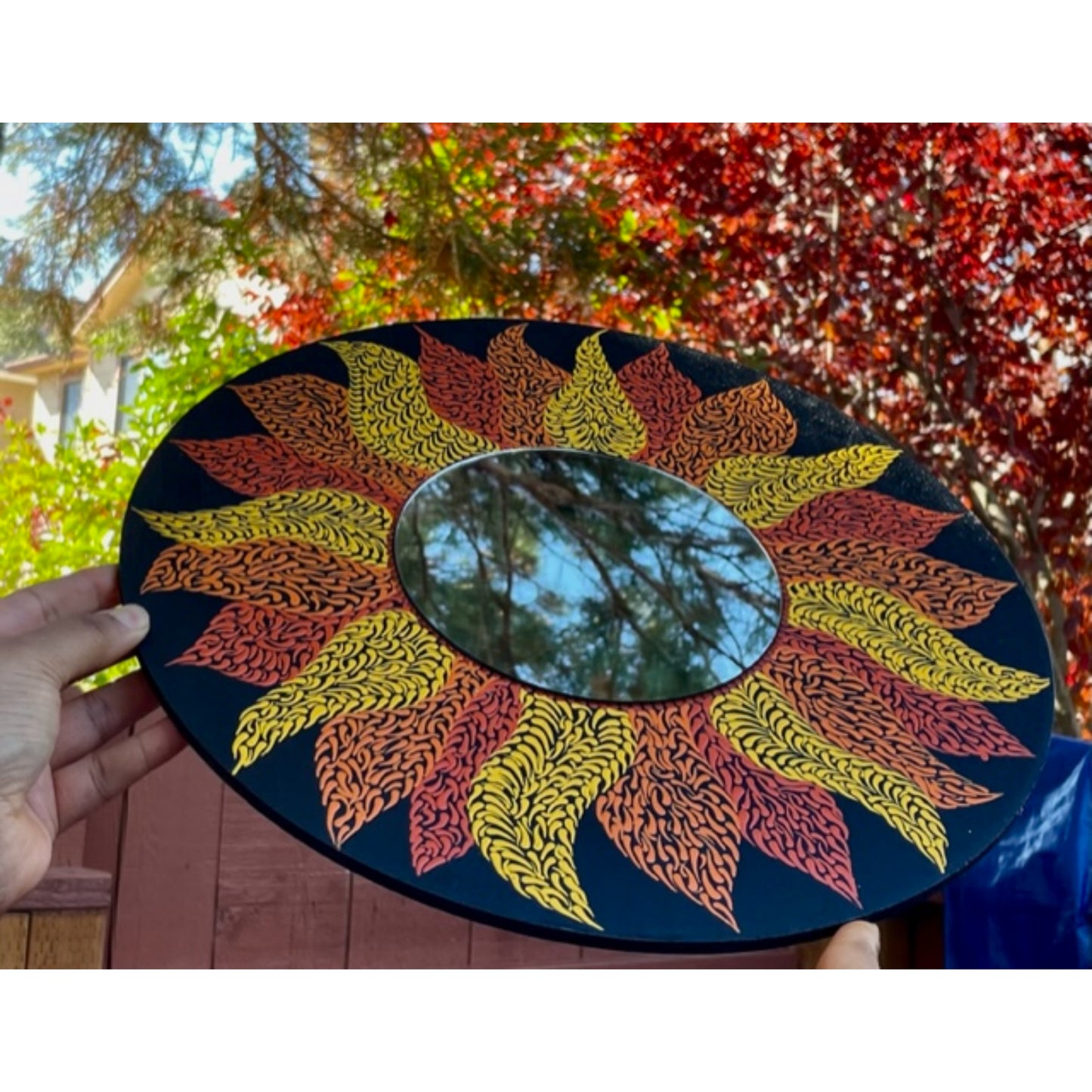 Espejo de pared de girasol Dot Art Swishes Mandala pintura acrílica hecha a mano