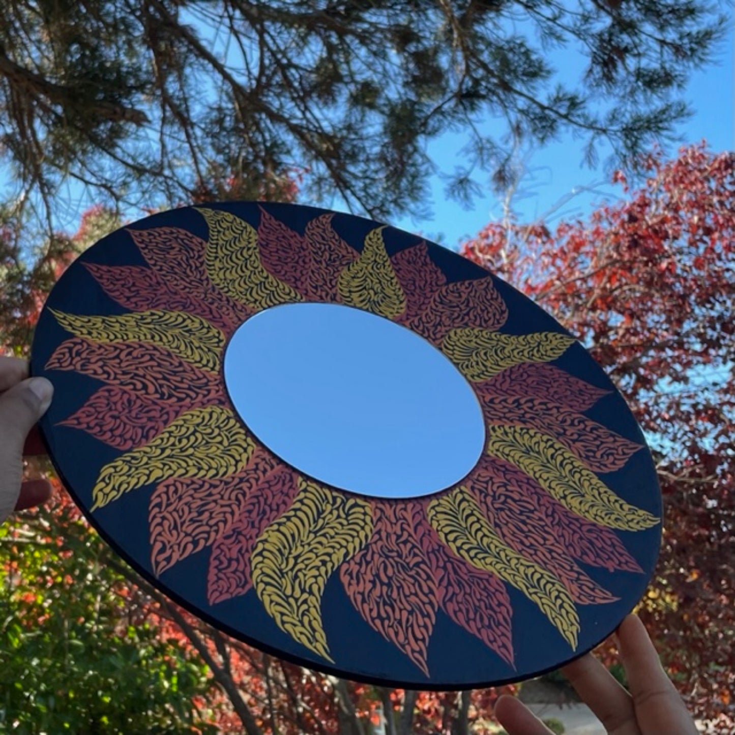 Espejo de pared de girasol Dot Art Swishes Mandala pintura acrílica hecha a mano