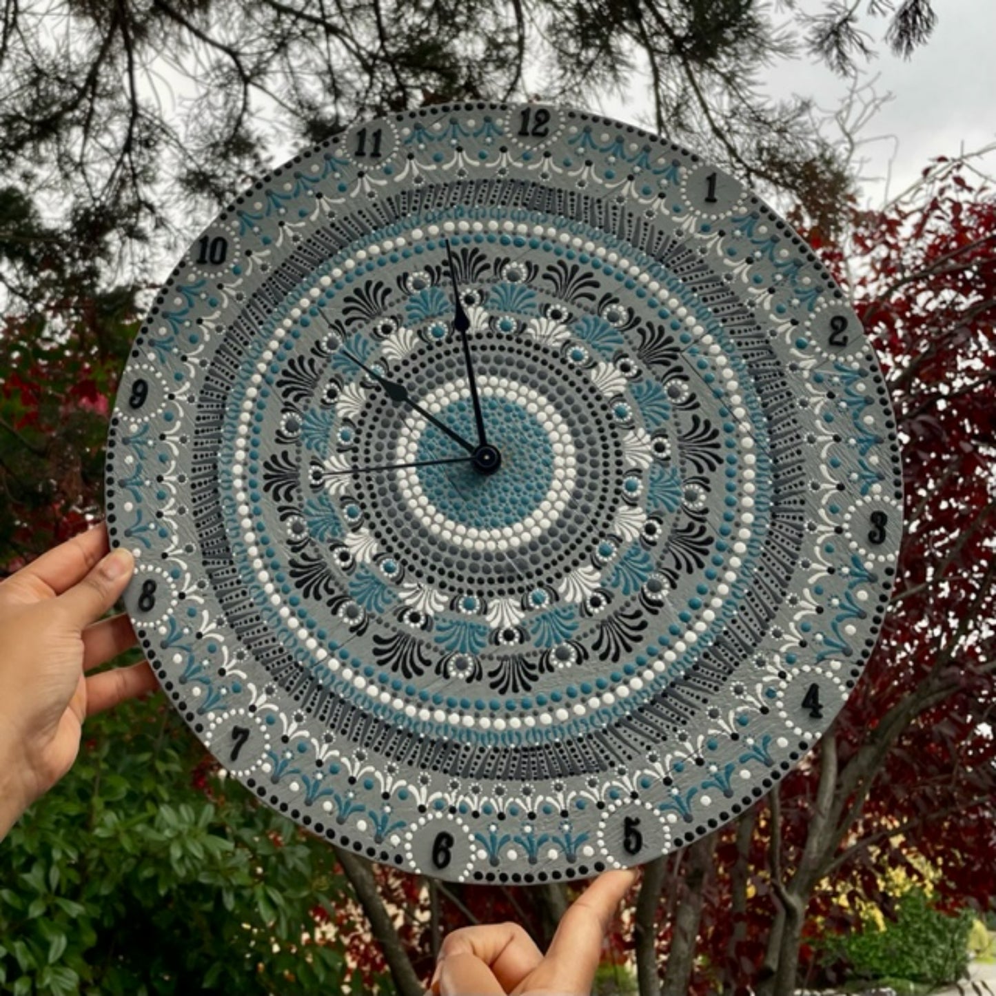 Reloj de pared con arte de puntos, trabajo de Mandala, pintura acrílica hecha a mano, decoración para el hogar y la Oficina