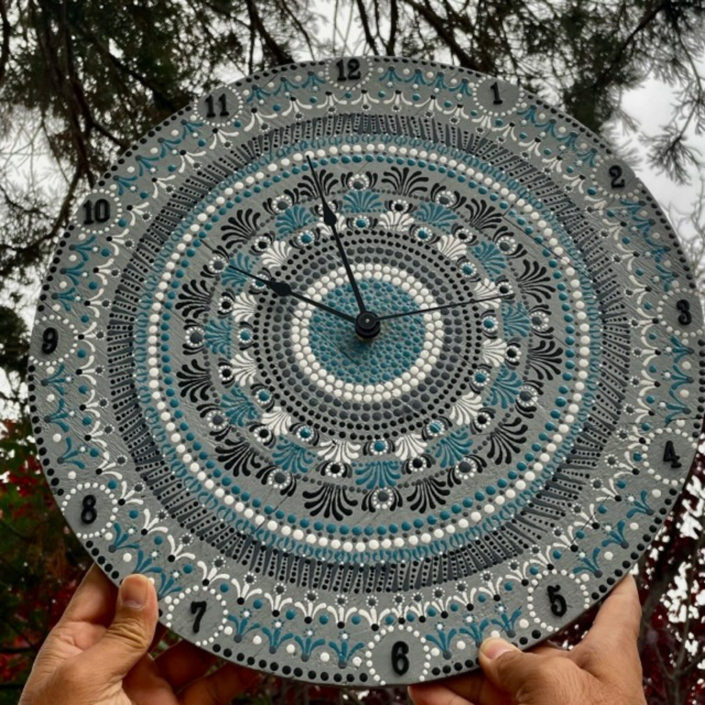 Reloj de pared con arte de puntos, trabajo de Mandala, pintura acrílica hecha a mano, decoración para el hogar y la Oficina