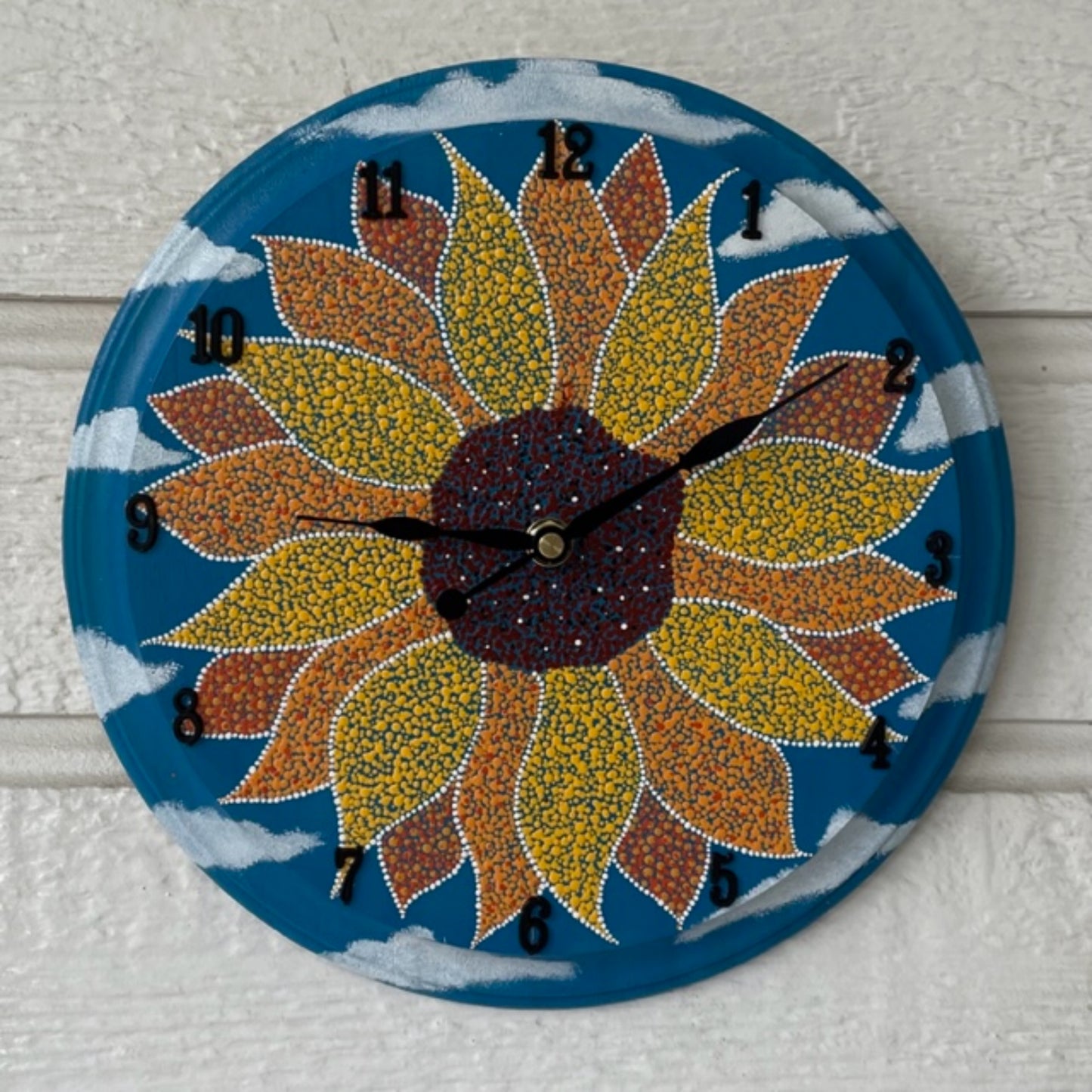 Reloj de pared de girasol con pintura acrílica hecha a mano, decoración de oficina en casa