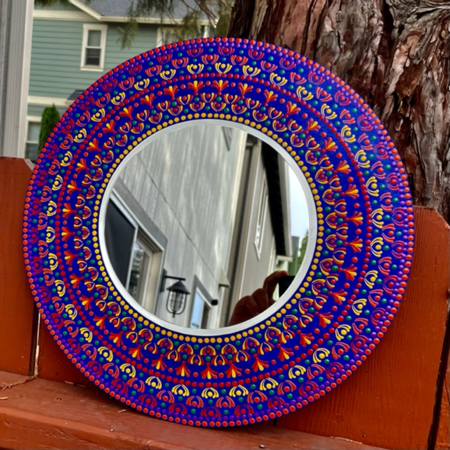 Espejo de pared arcoíris Dot Art Mandala pintura acrílica hecha a mano