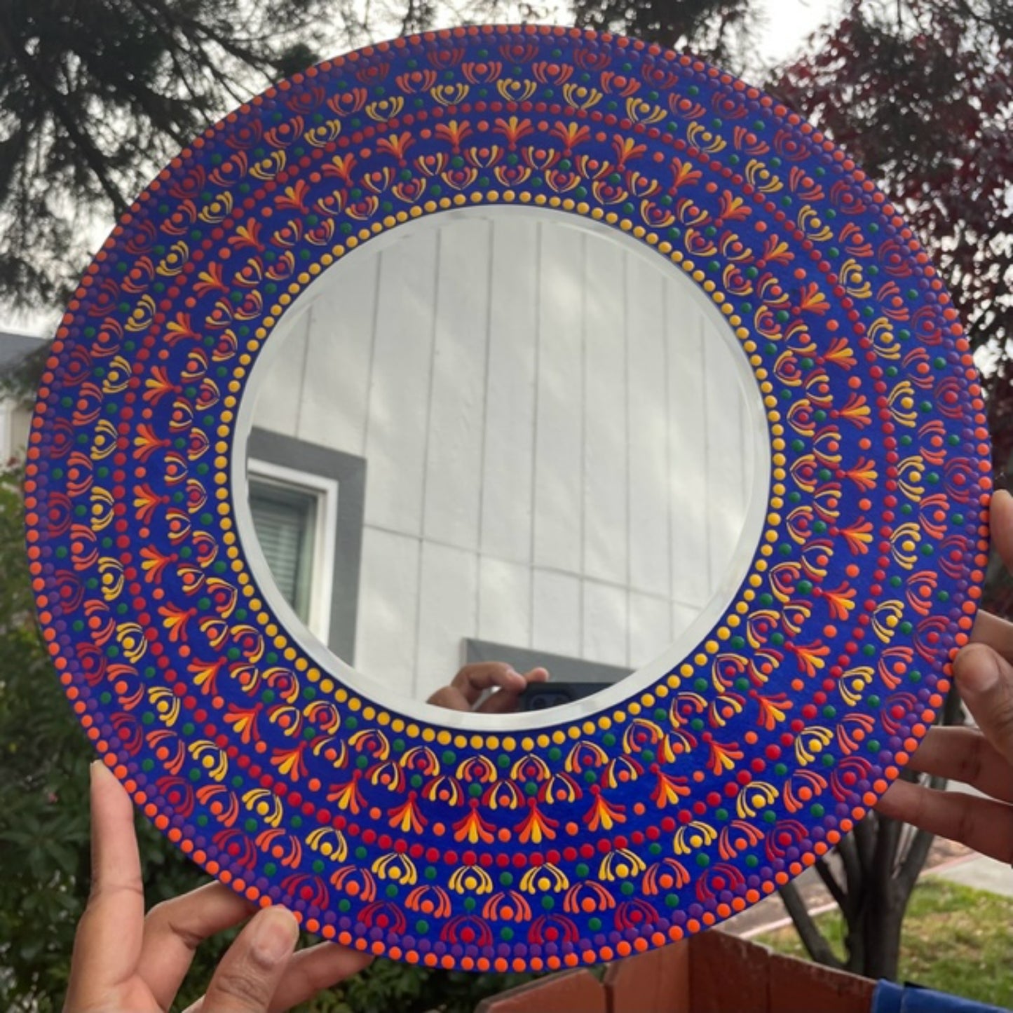 Espejo de pared arcoíris Dot Art Mandala pintura acrílica hecha a mano