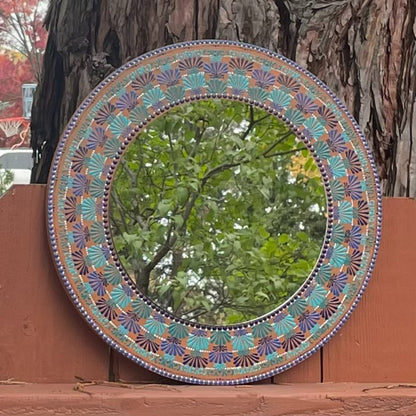 Espejo de pared Dot Art Mandala con tonos azules con pintura acrílica blanca hecha a mano decoración artística de pared