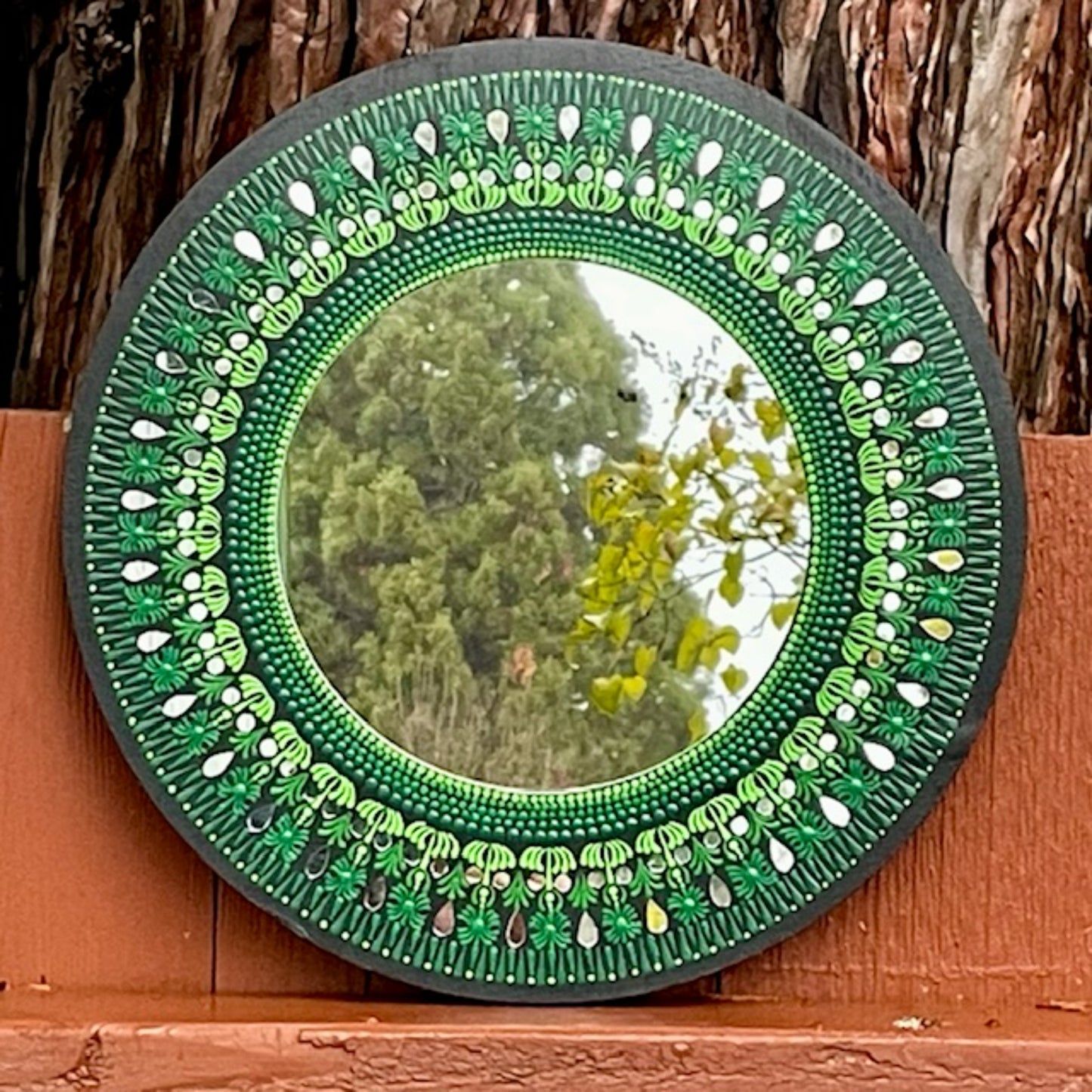 Wall Mirror Dot Art Mandala with Shades of Green Acrylic Painting Home Office Decoration