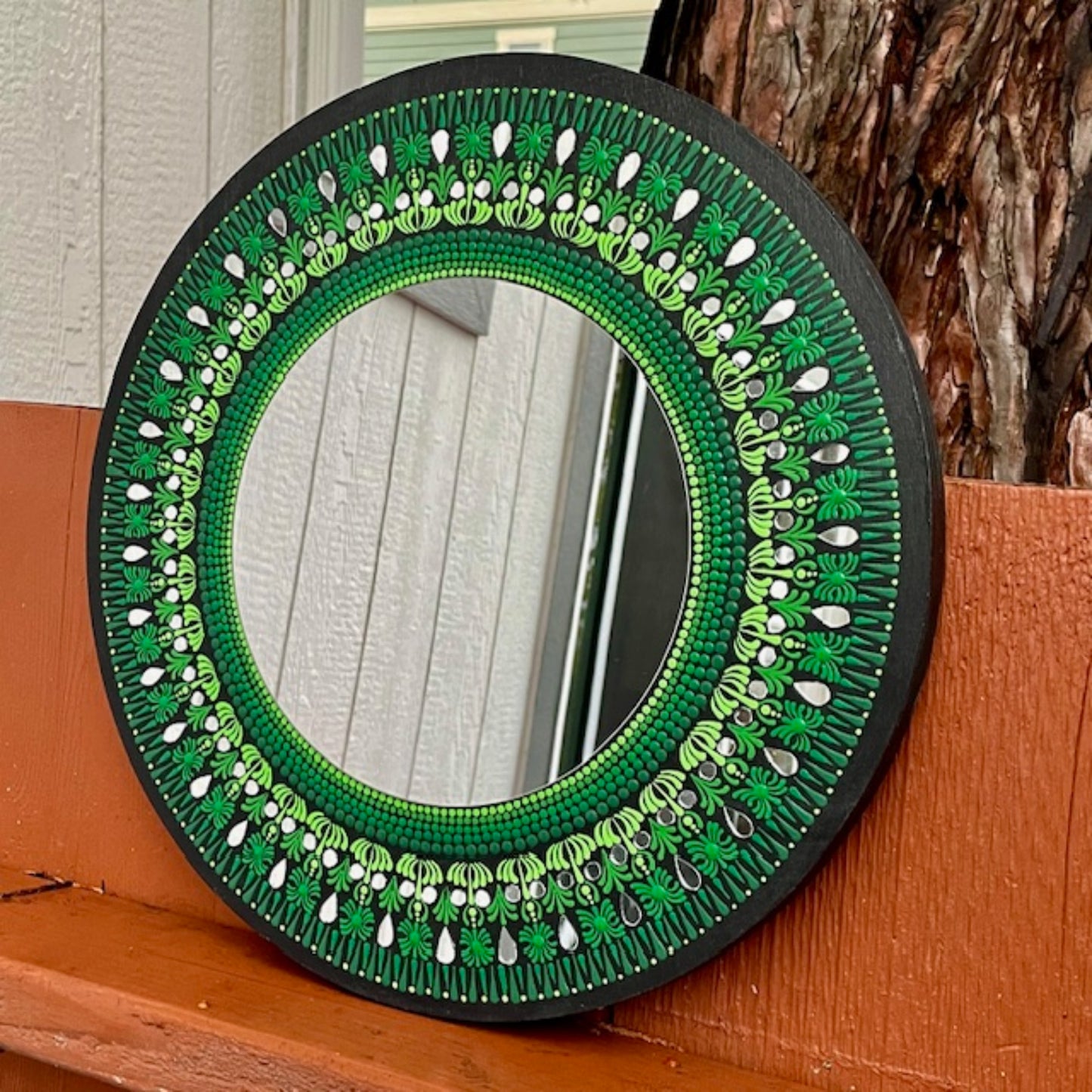 Espejo de pared Mandala de arte de puntos con tonos de pintura acrílica verde decoración de oficina en el hogar