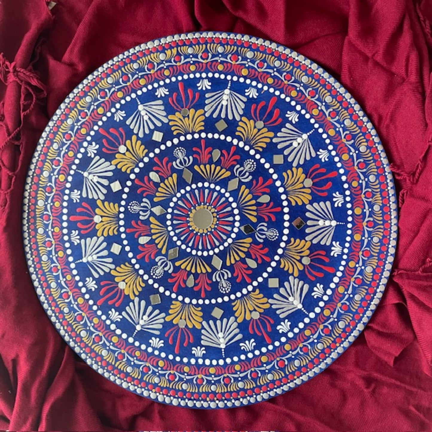 Mandala with Mirrors Dot Art with Shades of Blue Gold Red White Colors Handmade Home Office Wall Decor