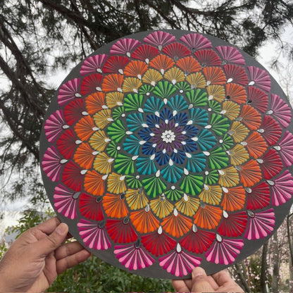 Mandala arco iris con espejo trabajo punto arte hecho a mano pintura acrílica decoración del hogar