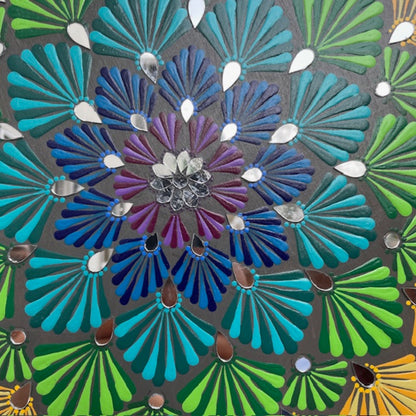 Mandala arco iris con espejo trabajo punto arte hecho a mano pintura acrílica decoración del hogar