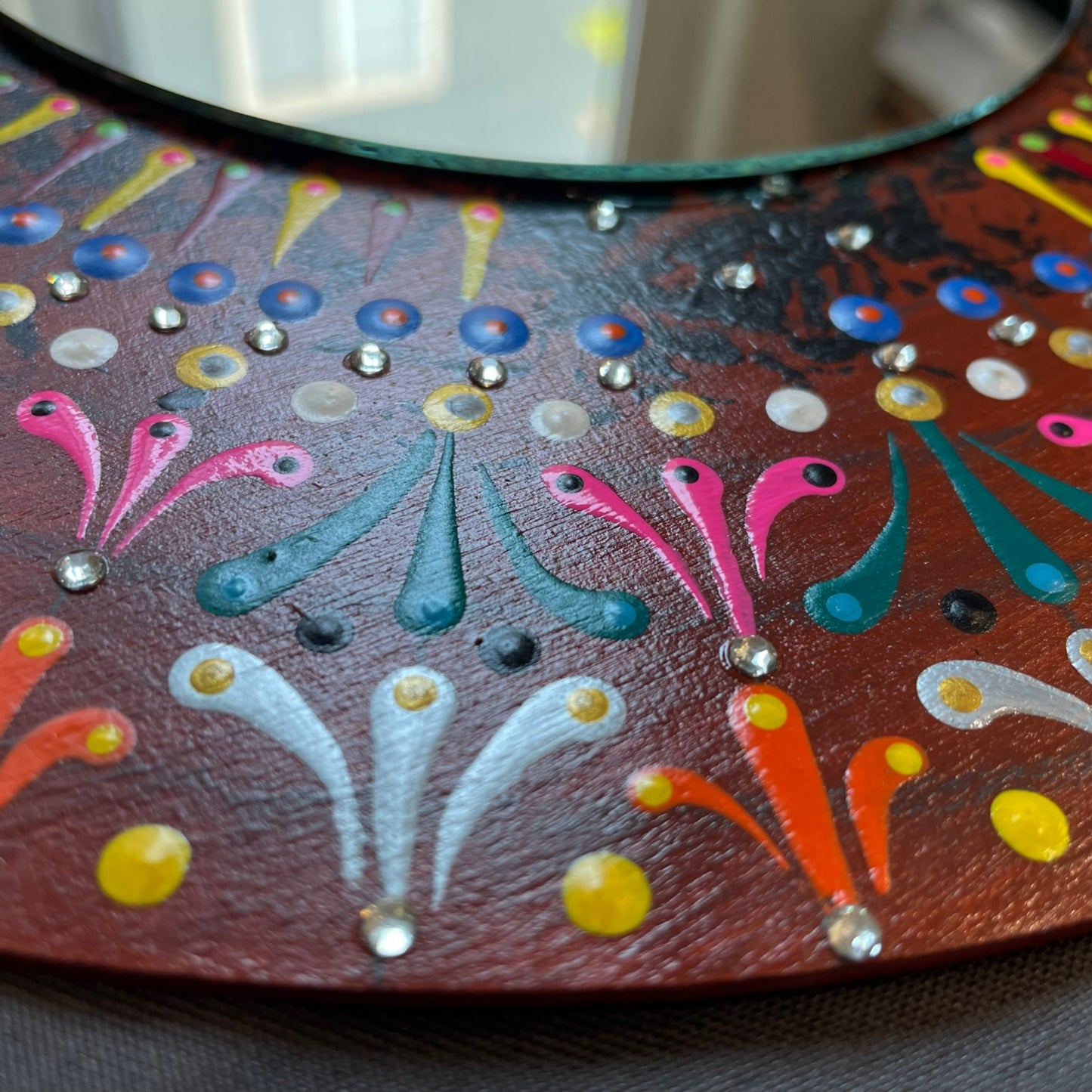 Mirror Wall Decor Dot Art Mandala with Rhinestones Handmade Home Office Gift
