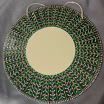 Wall Mirror with Mandala Style Design in Gold Green and White Dot Art