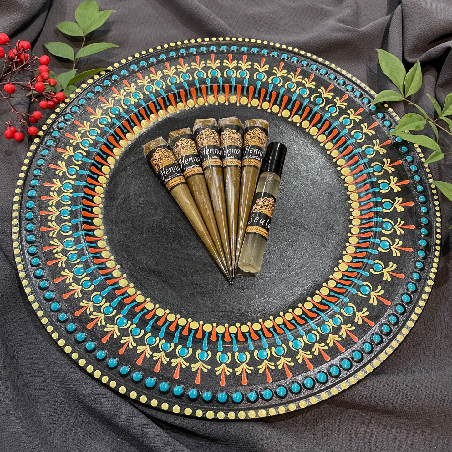 Cargador de eventos con tema de Oriente Medio, mandala decorativo, pieza central, Henna Mehndi