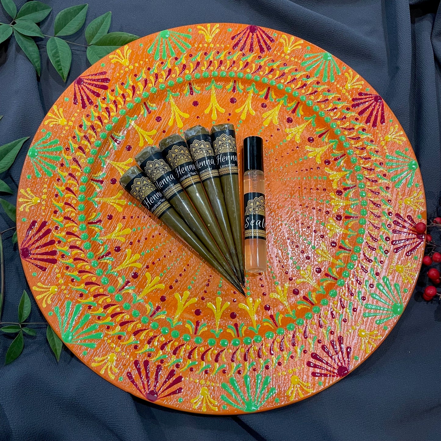 Una ráfaga de cítricos decorativo Mandala pieza central Henna Mehndi Evento Cargador