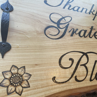 Thankful Grateful  Blessed Floral Serving Tray Charcuterie Board Wood Burned by Hand