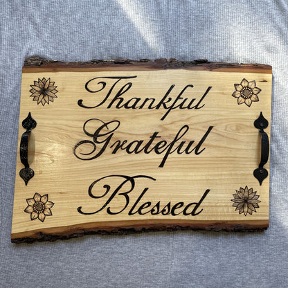 Thankful Grateful  Blessed Floral Serving Tray Charcuterie Board Wood Burned by Hand