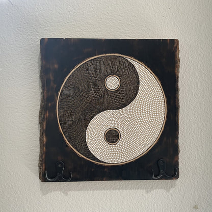 Yin Yang Wood Burned Acrylic Paint with Keys hooks Coat Hooks and Sawtooth Backing for Wall Hanging