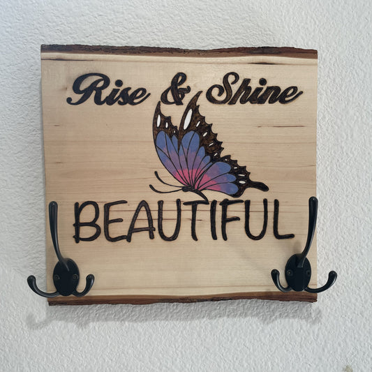 Rise and Shine Beautiful Butterfly Wood Burned and Painted with Keys Hooks Coat Hooks and Backing for Wall Hanging