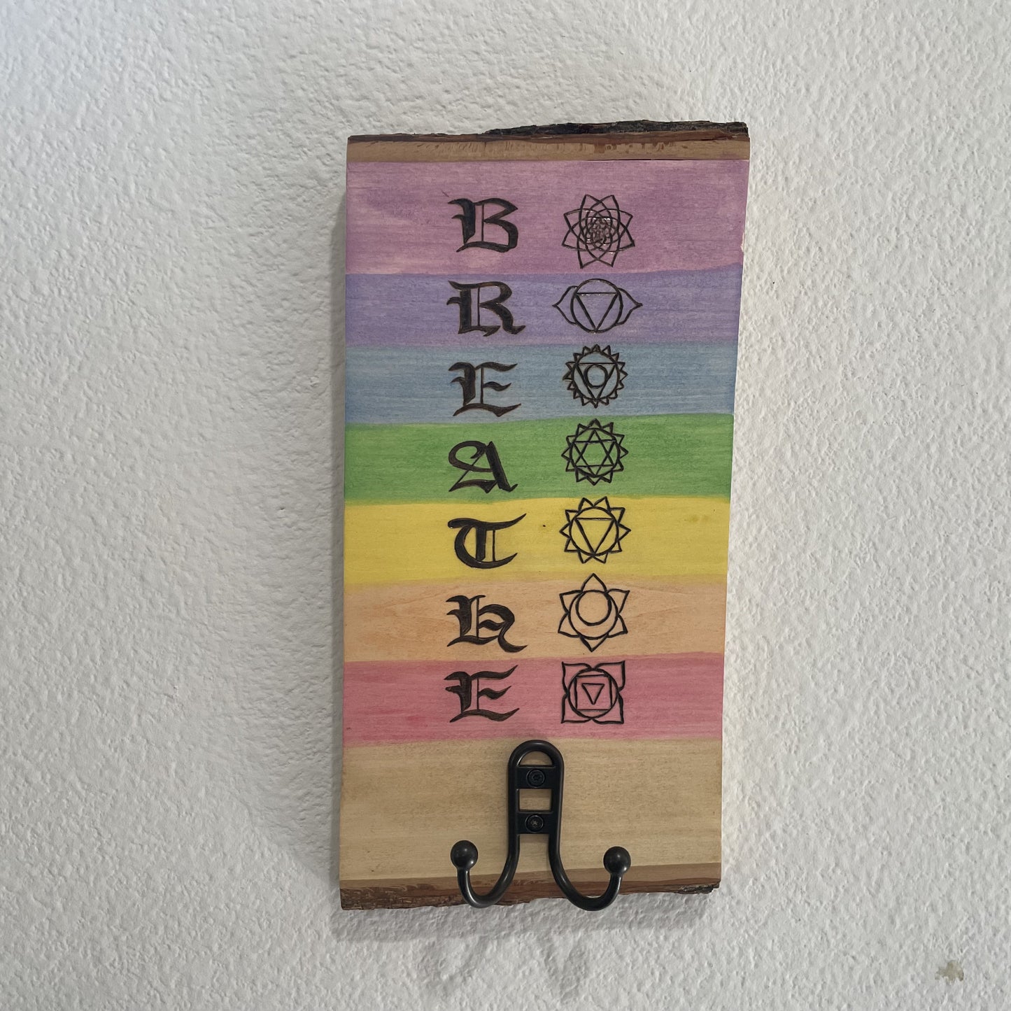 Breathe Chakras Wood Burned and Painted with Keys Hooks Coat Hooks and Backing for Wall Hanging