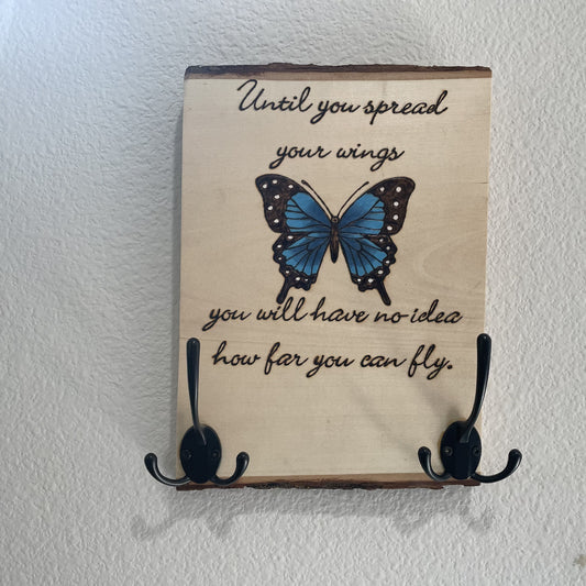 Spread Your Wings Butterfly Wood Burned and Painted with Keys Hooks Coat Hooks and Backing for Wall Hanging