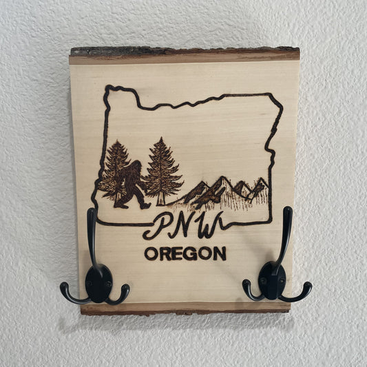 PNW Oregon Outdoors Wood Burned and Painted with Keys Hooks Coat Hooks and Backing for Wall Hanging