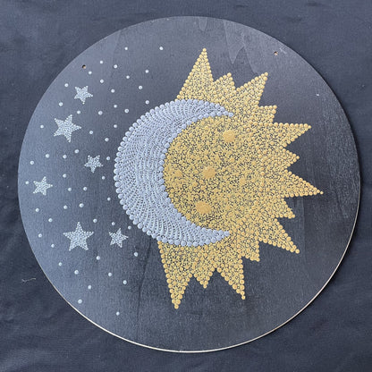 Sun Moon Stars Dot Work Gold and Silver Acrylic Painting Handmade Home Decor
