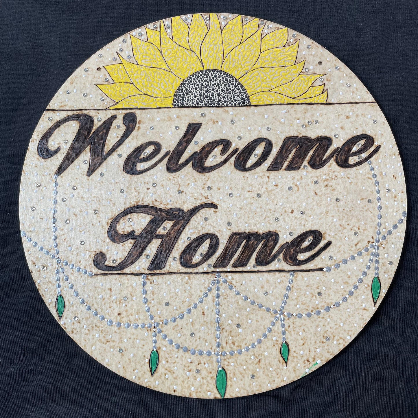Welcome Home Sunflower Dot Art with Clear Rhinestones Sawtooth Wall Hanging
