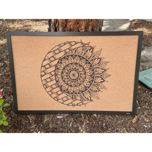 Sunflower Moon Wood Burned Design Big Cork Board 36"x 24"