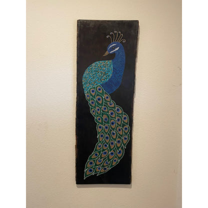 Arte de puntos de pavo real en madera de tilo borde vivo quemado hecho a mano decoración de la pared de la oficina en casa