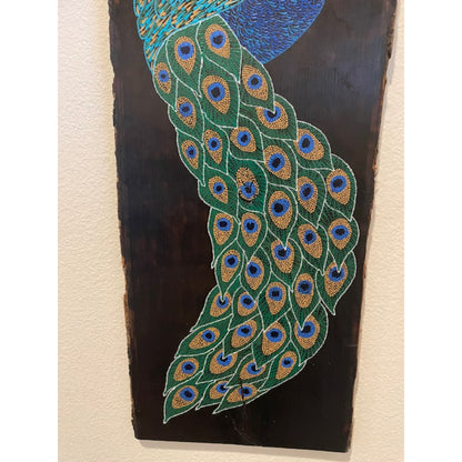 Arte de puntos de pavo real en madera de tilo borde vivo quemado hecho a mano decoración de la pared de la oficina en casa