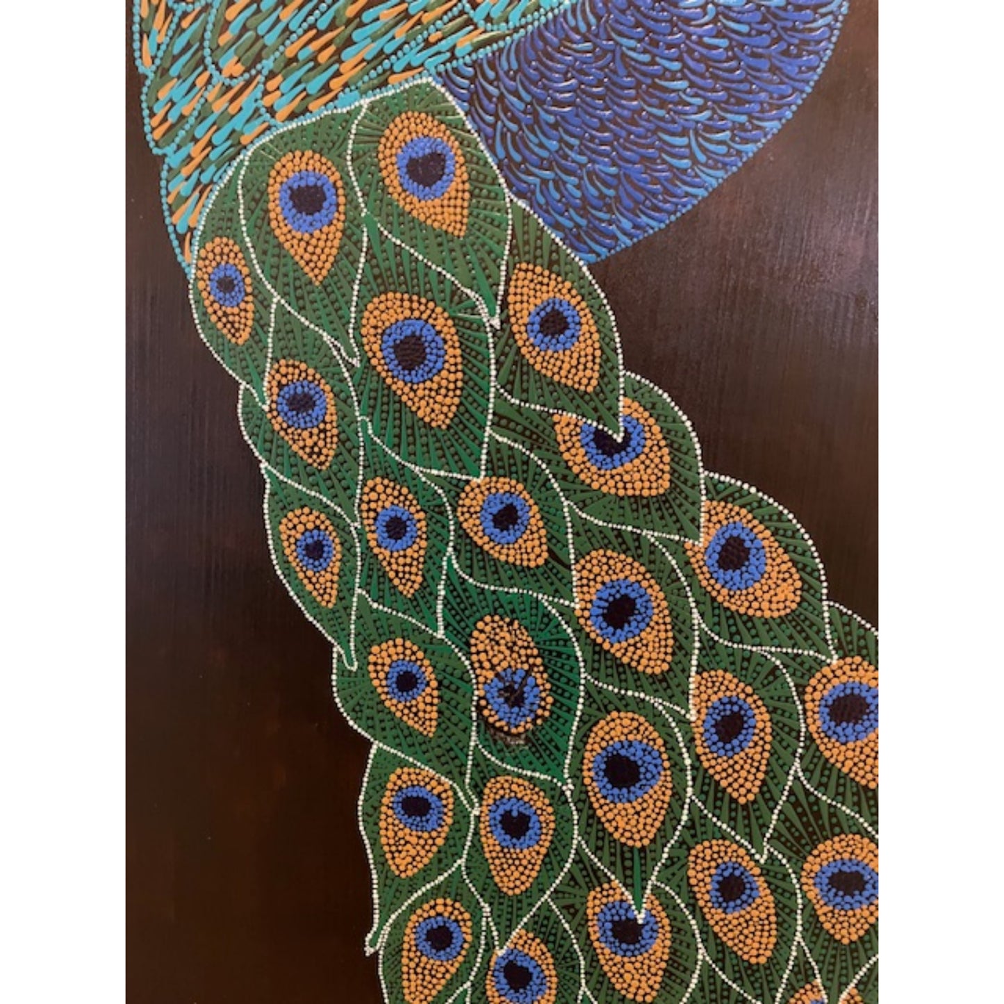 Arte de puntos de pavo real en madera de tilo borde vivo quemado hecho a mano decoración de la pared de la oficina en casa