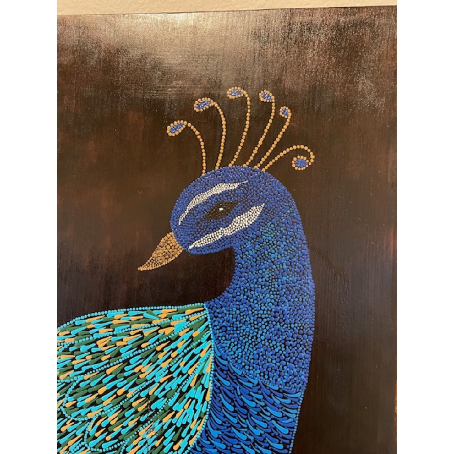 Arte de puntos de pavo real en madera de tilo borde vivo quemado hecho a mano decoración de la pared de la oficina en casa
