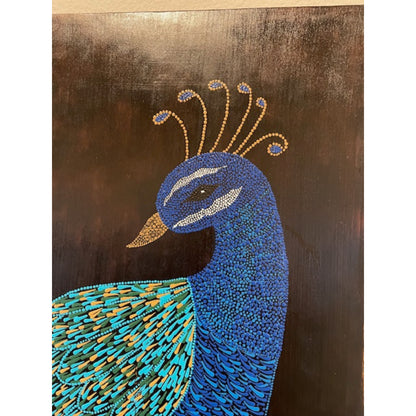 Arte de puntos de pavo real en madera de tilo borde vivo quemado hecho a mano decoración de la pared de la oficina en casa