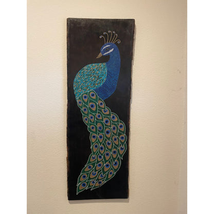 Arte de puntos de pavo real en madera de tilo borde vivo quemado hecho a mano decoración de la pared de la oficina en casa