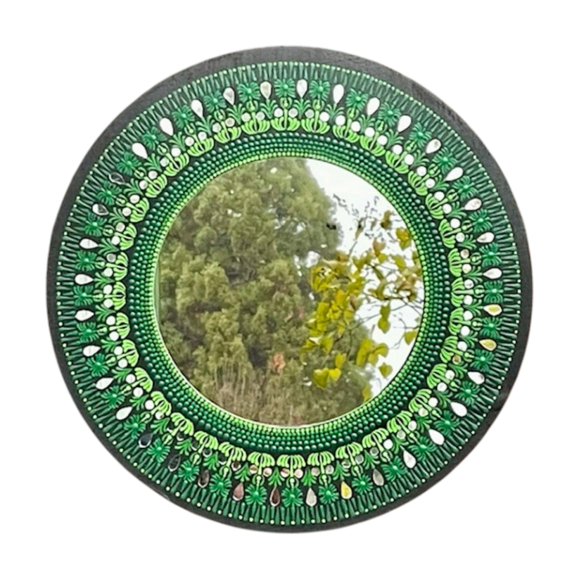 Espejo de pared Mandala de arte de puntos con tonos de pintura acrílica verde decoración de oficina en el hogar