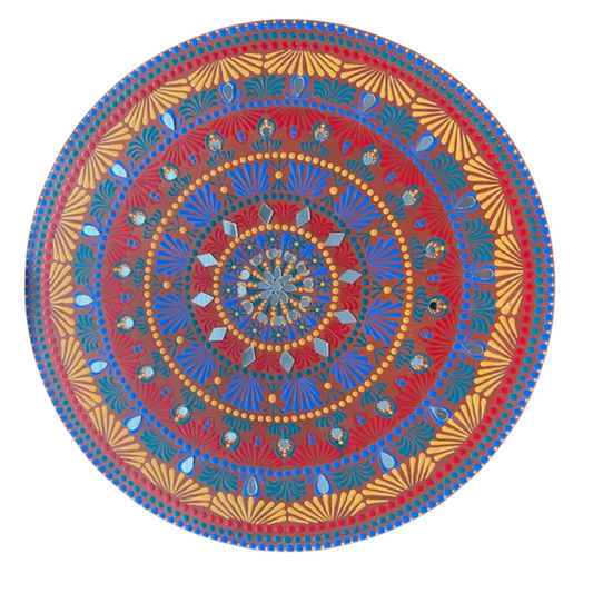 Mandala con espejos Arte de puntos con tonos de azul, verde, rojo, dorado, decoración de pared hecha a mano para el hogar y la oficina