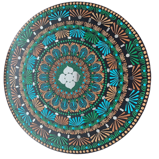 Mandala con espejos Arte de puntos con tonos de azul Tonos de colores marrones Decoración de pared hecha a mano para el hogar y la oficina