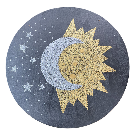 Sun Moon Stars Dot Work Pintura acrílica dorada y plateada Decoración casera hecha a mano