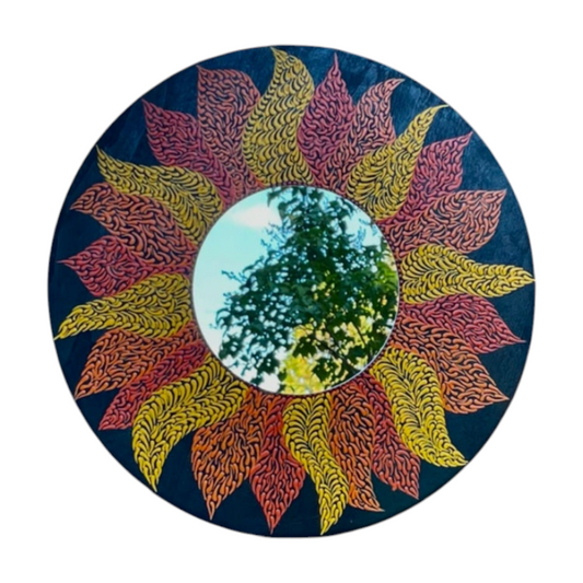 Espejo de pared de girasol Dot Art Swishes Mandala pintura acrílica hecha a mano
