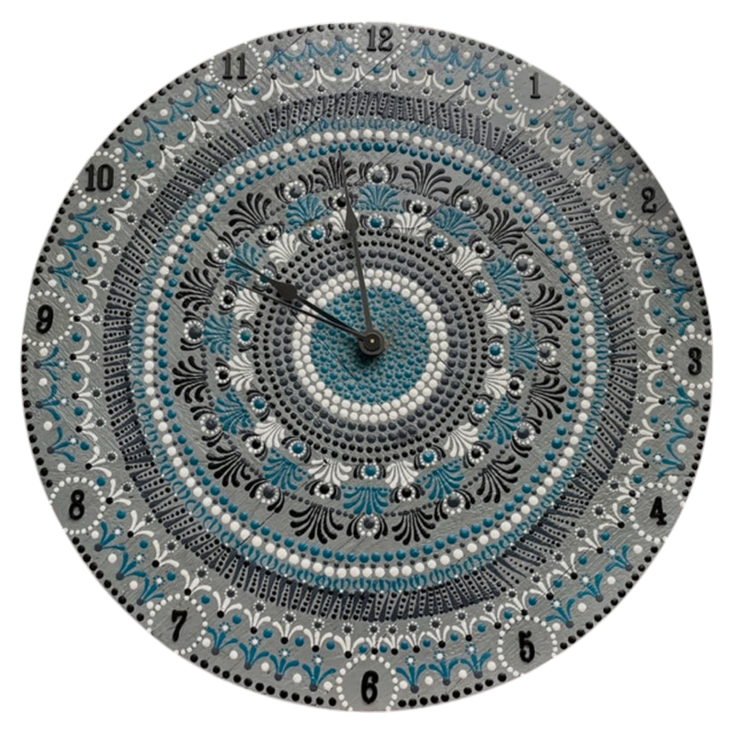 Reloj de pared con arte de puntos, trabajo de Mandala, pintura acrílica hecha a mano, decoración para el hogar y la Oficina